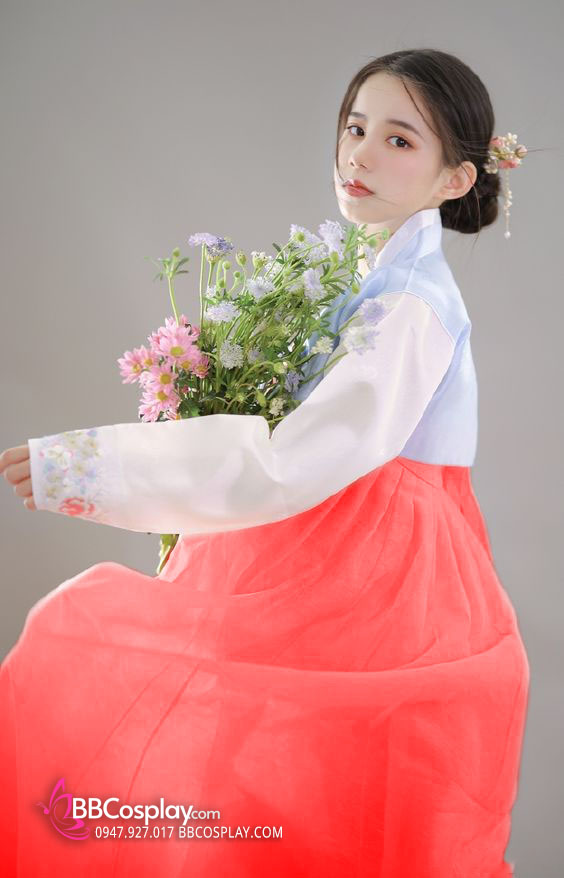 Thuê Đồ Hanbok Cưới Áo Xanh Váy Carot Vải Gấm