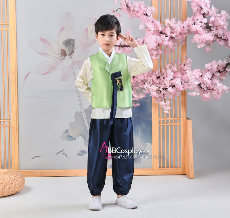 Hanbok Bé Trai Áo Xanh Mạ Quần Xanh
