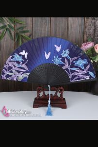 Quạt Xếp Nền Xanh Và Bướm Trắng