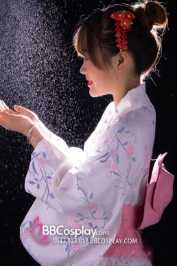 Yukata Nhật Nền Trắng Hoa Leo Tím Hồng