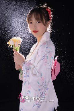 Yukata Nhật Nền Trắng Hoa Leo Tím Hồng