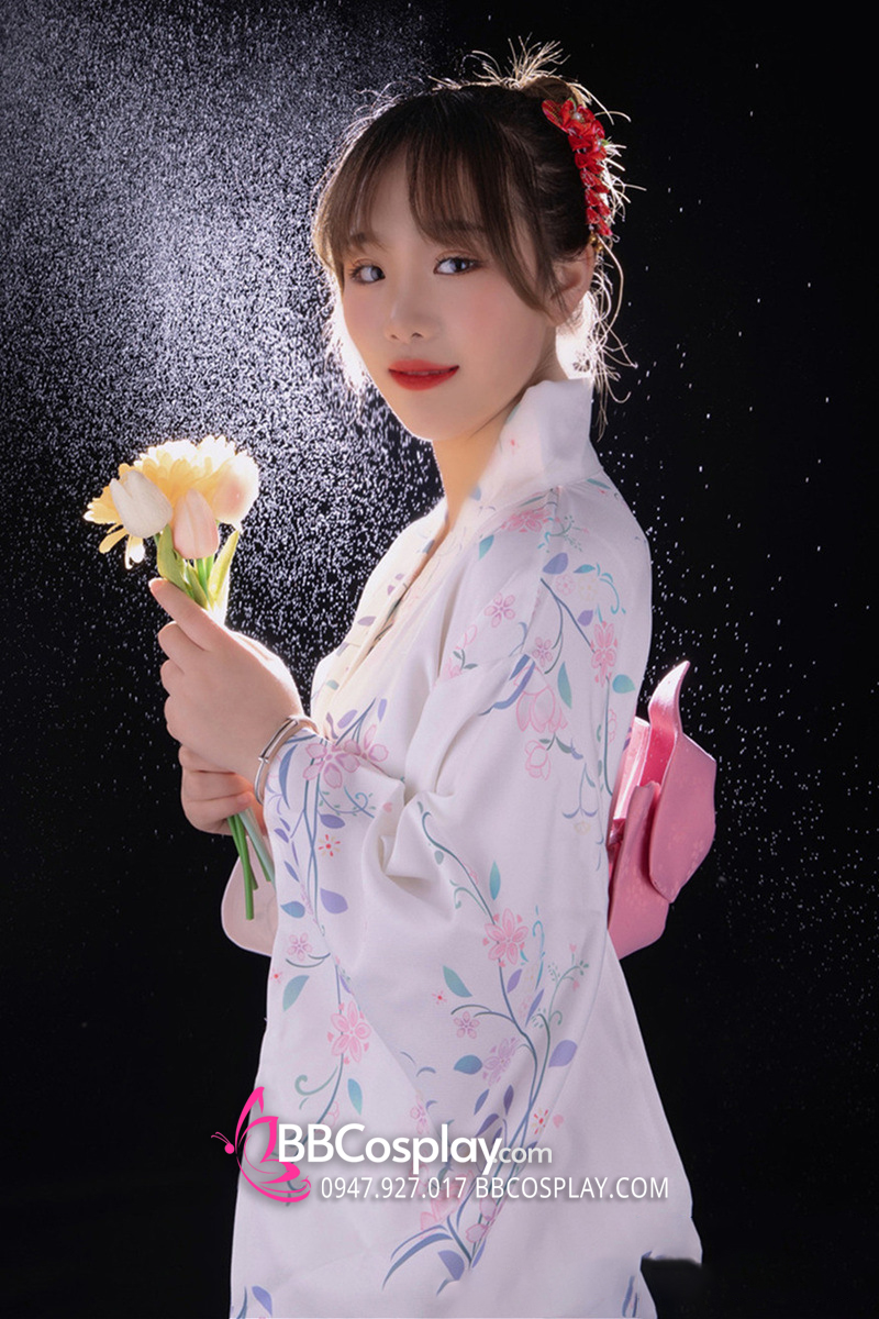 Yukata Nhật Nền Trắng Hoa Leo Tím Hồng