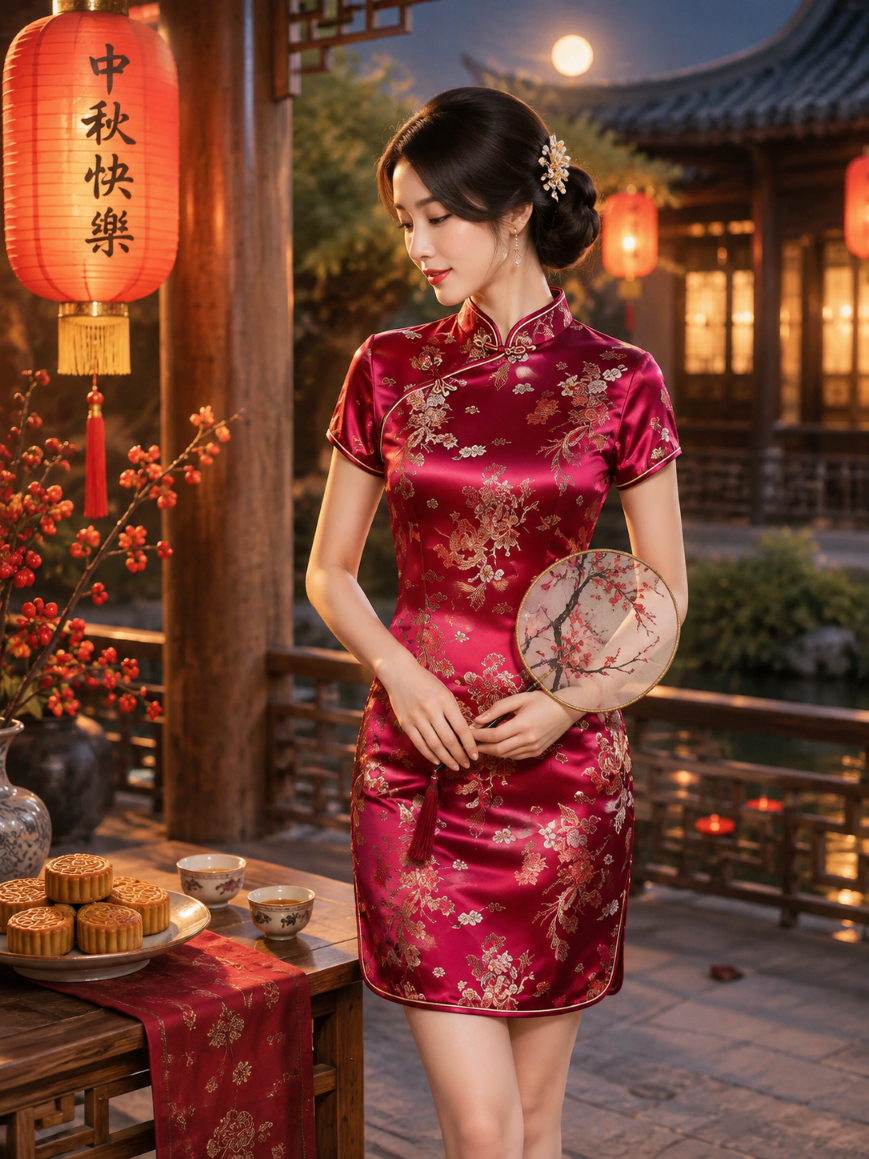 Sườn Xám Thượng Hải Đỏ Ngắn Phượng Hoàng