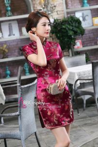 Sườn Xám Thượng Hải Đỏ Ngắn Phượng Hoàng