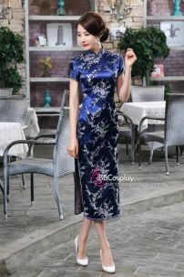 Sườn Xám Thượng Hải Xanh In Hoa