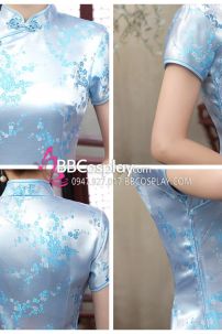 Sườn Xám Hoa Mai Xanh Dài