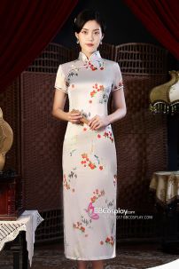 Sườn Xám Trắng Dài In Hoa