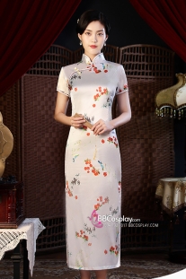 Sườn Xám Trắng Dài In Hoa