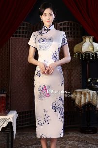 Sườn Xám Trắng Hoa Xanh Dài