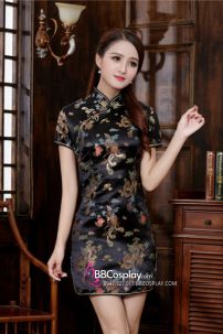 Sườn Xám Đen Ngắn Phượng Hoàng