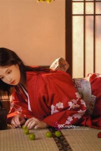 Áo Yukata Đỏ Họa Tiết Bướm Hoa Tặng Kèm Thắt Lưng