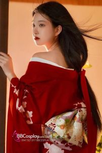 Áo Yukata Đỏ Họa Tiết Bướm Hoa Tặng Kèm Thắt Lưng