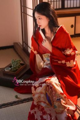 Áo Kimono Yukata Đỏ Họa Tiết Bướm Hoa Tặng Kèm Thắt Lưng