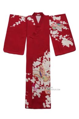 Áo Yukata Đỏ Họa Tiết Bướm Hoa Tặng Kèm Thắt Lưng