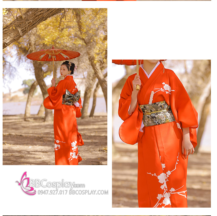 Áo Kimono Yukata Đỏ Họa Tiết Bướm Hoa Tặng Kèm Thắt Lưng