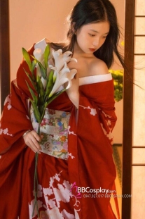 Áo Yukata Đỏ Họa Tiết Bướm Hoa Kèm Thắt Lưng