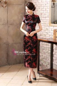 Sườn Xám Đen Dài Hoa Đỏ