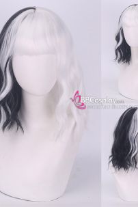 Tóc Giả Ngắn Nữa Trắng Đen Gợn Sóng