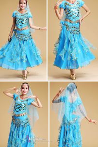 Đồ Múa Bụng Màu Xanh Nhạt Tay Dài Váy Kim Tuyến Rũ Mẫu Mới 2025