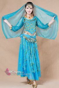 Đồ Múa Bụng Màu Xanh Nhạt Tay Dài Váy Kim Tuyến Rũ Mẫu Mới 2025