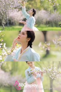 Đồ Hanbok Hàn Quốc Áo Xanh Váy Hồng Cam Pastel