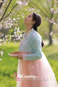 Đồ Hanbok Hàn Quốc Áo Xanh Váy Hồng Cam Pastel