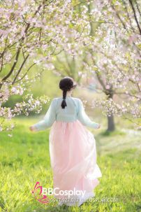 Đồ Hanbok Hàn Quốc Áo Xanh Váy Hồng Cam Pastel