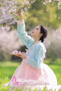 Đồ Hanbok Hàn Quốc Áo Xanh Váy Hồng Cam Pastel