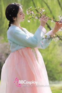 Đồ Hanbok Hàn Quốc Áo Xanh Váy Hồng Cam Pastel