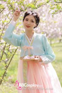 Đồ Hanbok Hàn Quốc Áo Xanh Váy Hồng Cam Pastel
