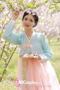 Trang Phục Hanbok Hàn Quốc Áo Xanh Váy Hồng Cam Pastel