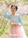 Trang Phục Hanbok Hàn Quốc Áo Xanh Váy Hồng Cam Pastel
