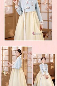 Hanbok Áo Xanh Cổ Thêu Váy Voan Vàng Thêu Hoa Mẫu Mới