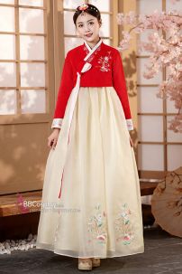 Hanbok Áo Đỏ Cổ Thêu Váy Voan Vàng Thêu Hoa