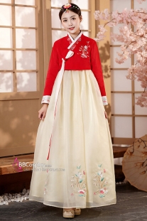 Hanbok Áo Đỏ Cổ Thêu Váy Voan Vàng Thêu Hoa