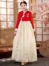 Hanbok Áo Đỏ Cổ Thêu Váy Voan Vàng Thêu Hoa
