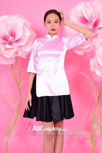 Sườn Xám Hồng Váy Đen Vải Phi Dầy