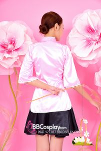 Sườn Xám Hồng Váy Đen Vải Phi Dầy