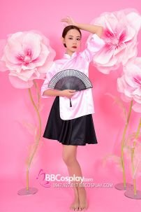 Sườn Xám Hồng Váy Đen Vải Phi Dầy