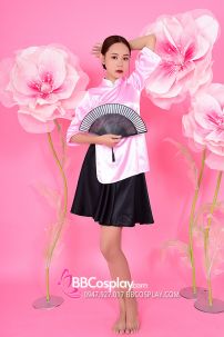 Sườn Xám Hồng Váy Đen Vải Phi Dầy