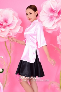 Sườn Xám Hồng Váy Đen Vải Phi Dầy