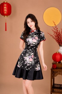 Sườn Xám Đen Váy Đen Vải Phi