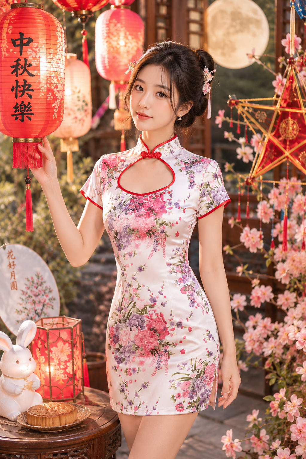 Sườn Xám Trắng Vải Phi Hoa Cổ Khoét Rộng