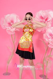 Xường Xám Váy Phi Áo Đỏ Váy Đen