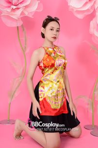 Xường Xám Váy Phi Áo Đỏ Váy Đen