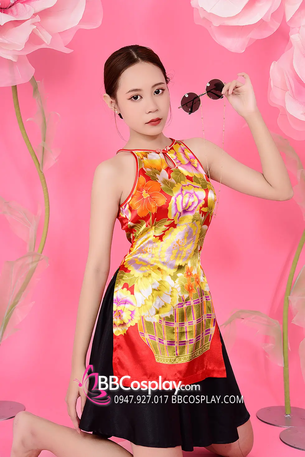 Xường Xám Váy Phi Áo Đỏ Váy Đen