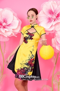 Qiloli - Xường Xám Váy Vàng Hàng In Tại Xưởng