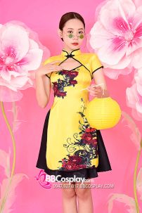 Qiloli - Xường Xám Váy Vàng Hàng In Tại Xưởng