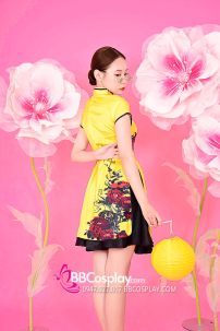 Qiloli - Xường Xám Váy Vàng Hàng In Tại Xưởng