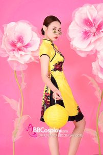 Qiloli - Xường Xám Váy Vàng Hàng In Tại Xưởng